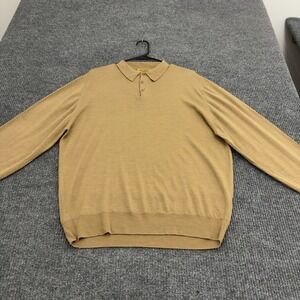 Vintage Paul Stuart Sweater Men XL Tan Wool Polo Long Sleeve Preppy Classic